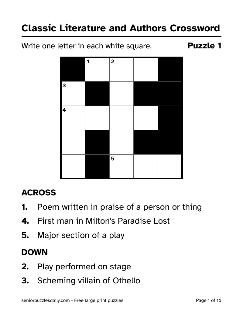 First page of the Classic Literature and Authors crossword PDF: a 5 by 5 crossword grid with clue numbers in the squares and the Across and Down clues in very large print