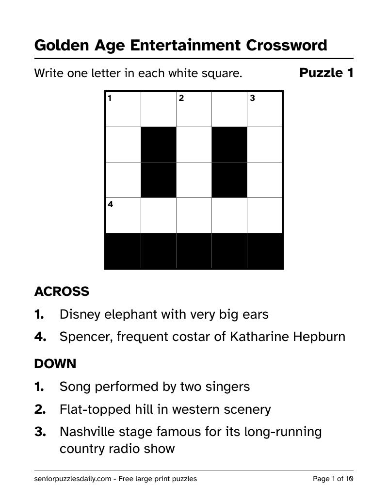 First page of the Golden Age Entertainment crossword PDF: a 5 by 5 crossword grid with clue numbers in the squares and the Across and Down clues in very large print