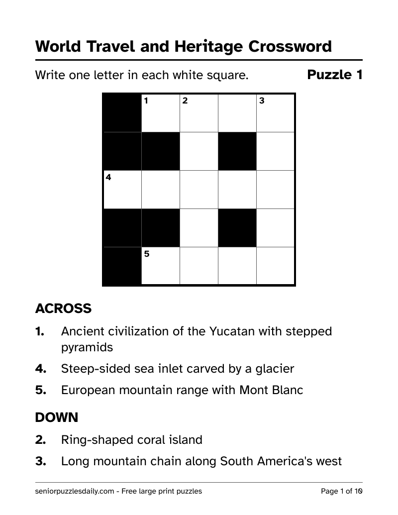 First page of the World Travel and Heritage crossword PDF: a 5 by 5 crossword grid with clue numbers in the squares and the Across and Down clues in very large print