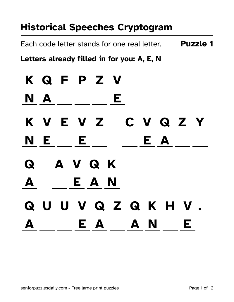 First page of the Historical Speeches cryptogram PDF: a short quotation in code, each code letter printed very large above a line to write on, with three letters filled in
