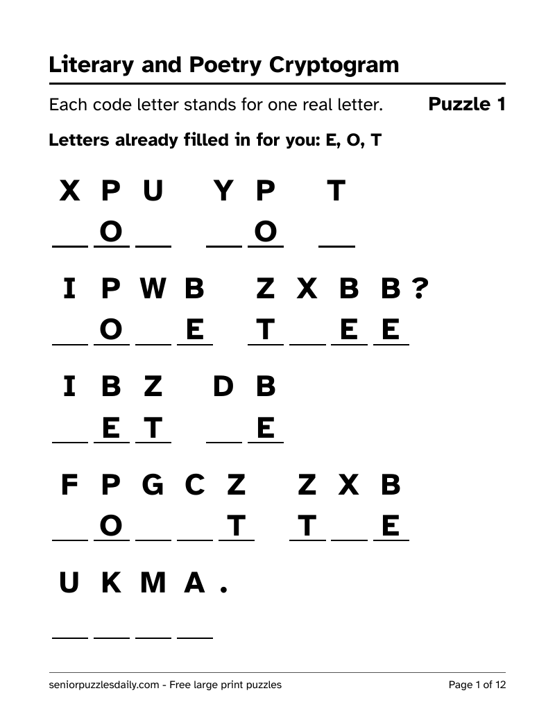 First page of the Literary and Poetry cryptogram PDF: a short line of poetry in code, each code letter printed very large above a line to write on, with three letters filled in