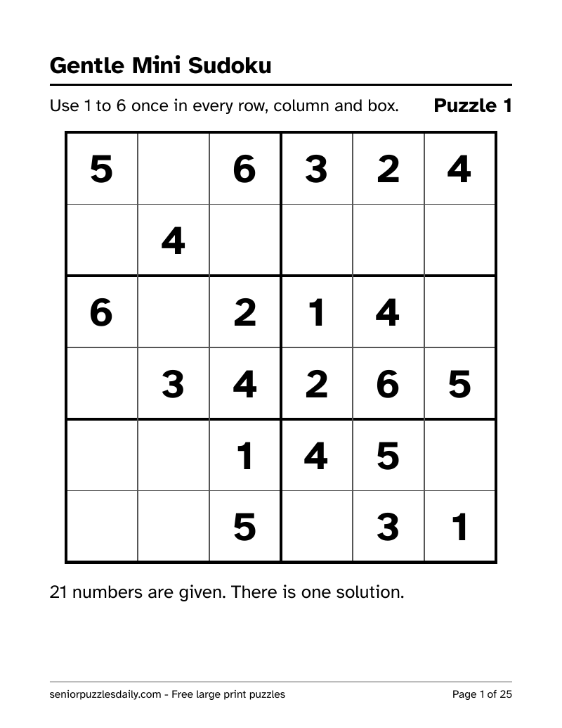 First page of the Gentle Mini Sudoku PDF: a 6 by 6 Sudoku grid with heavy lines around the six boxes and huge given numbers