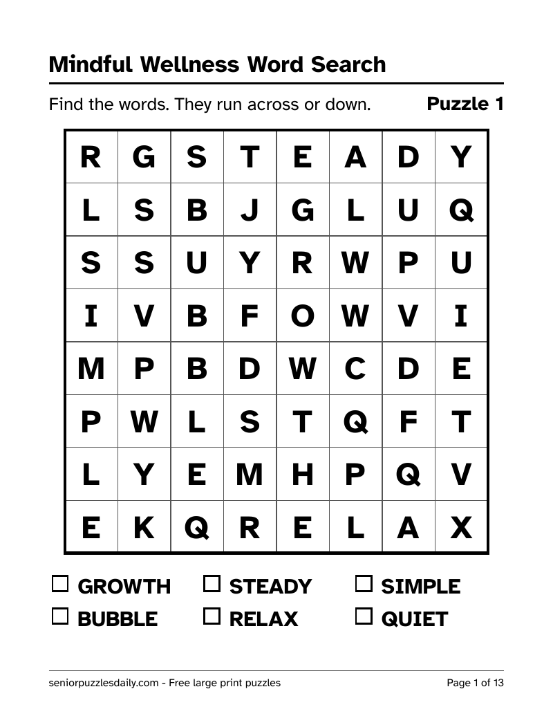 First page of the Mindful Wellness word search PDF: a bold 8 by 8 grid of very large letters, with six calm words to find listed underneath