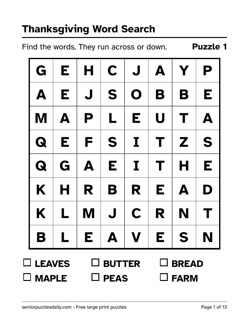 First page of the Thanksgiving word search PDF: a bold 8 by 8 grid of very large letters, with a list of six words to find and a tick box beside each